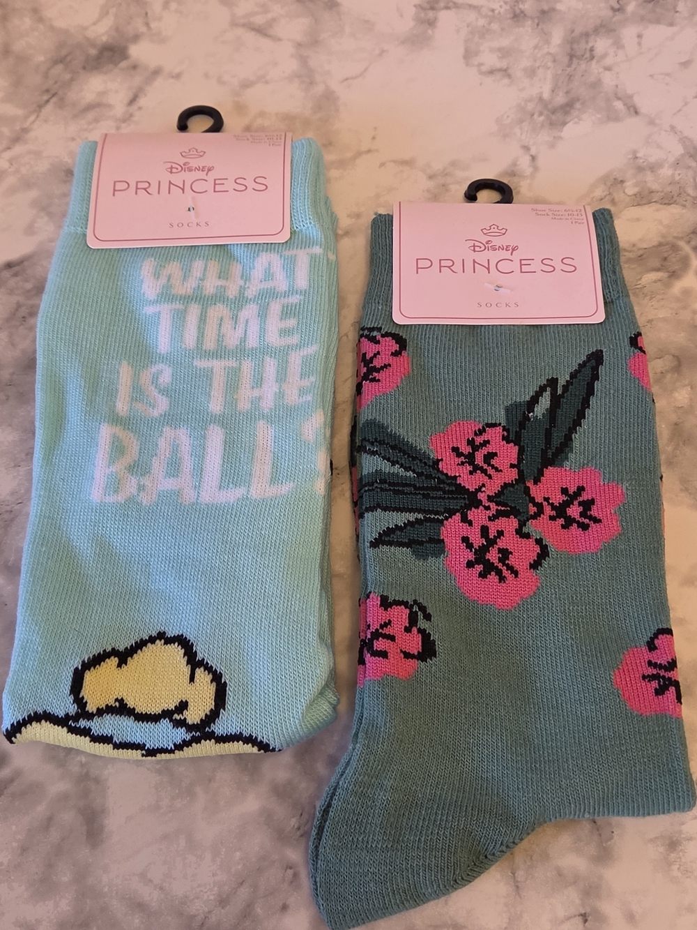 Disney Princess Cinderella & Tiana Socks Set with Pink Floral and Phrase Designs